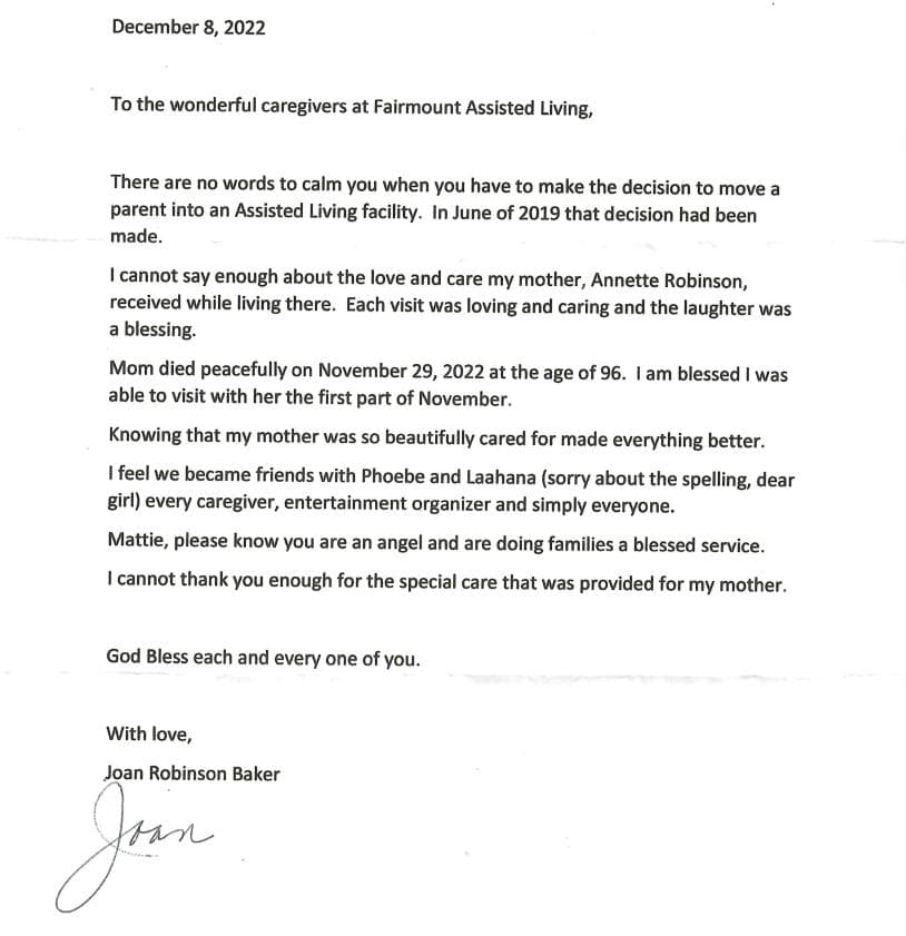 A letter from a Fairmount family