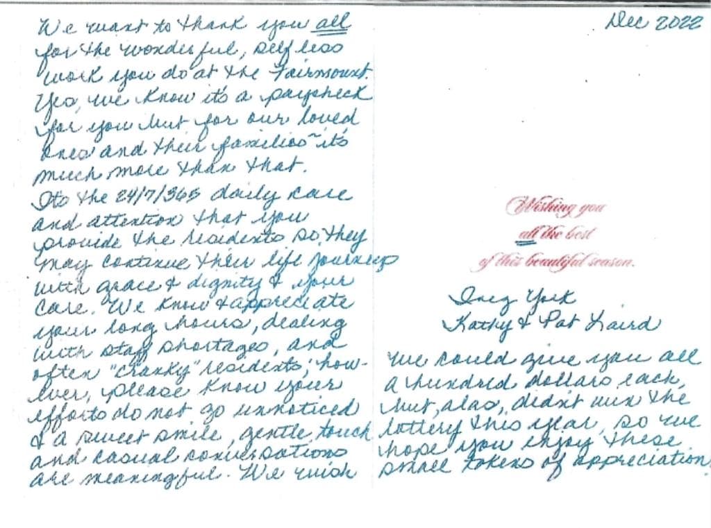 A letter from a Fairmount family