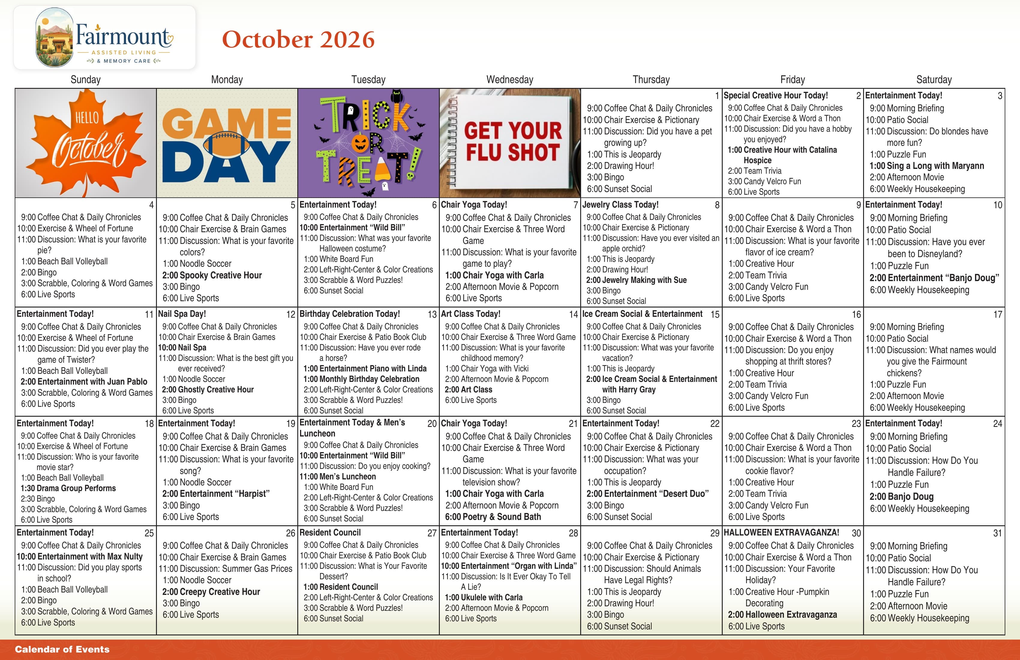 October 2026 activity calendar