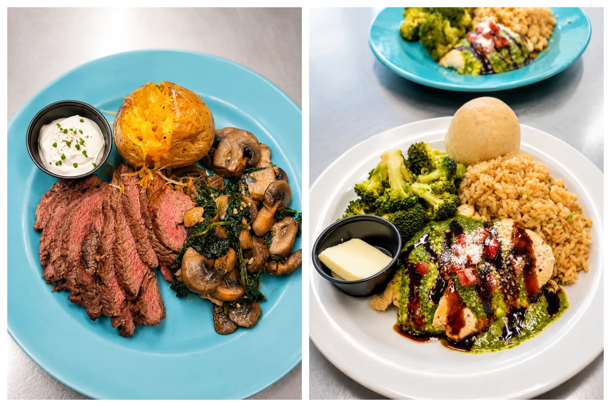 Two chef-prepared plates — sliced steak with a loaded baked potato, sautéed mushrooms and spinach; and pesto-balsamic chicken with Spanish rice, broccoli, and a fresh roll.