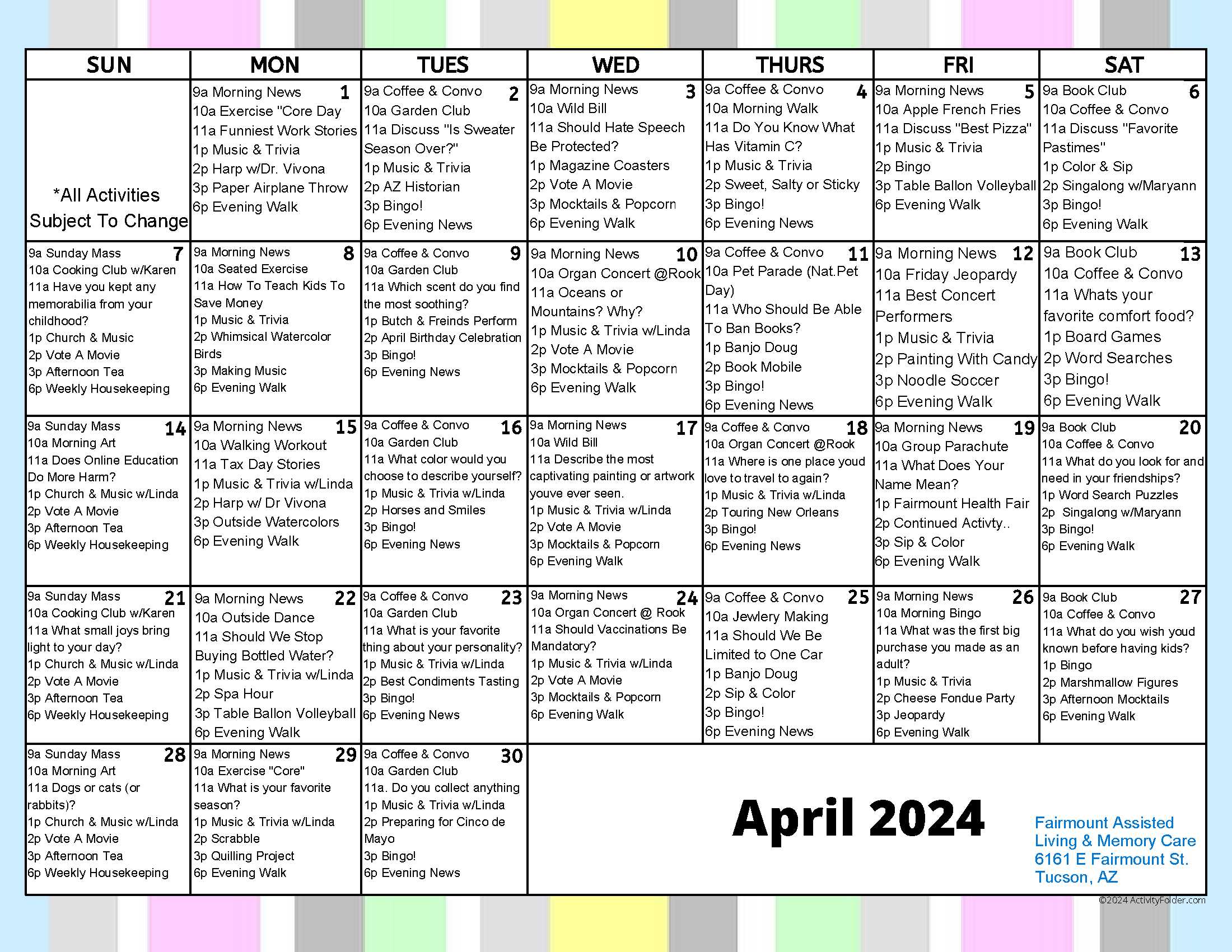 Fairmount Activities April 2024
